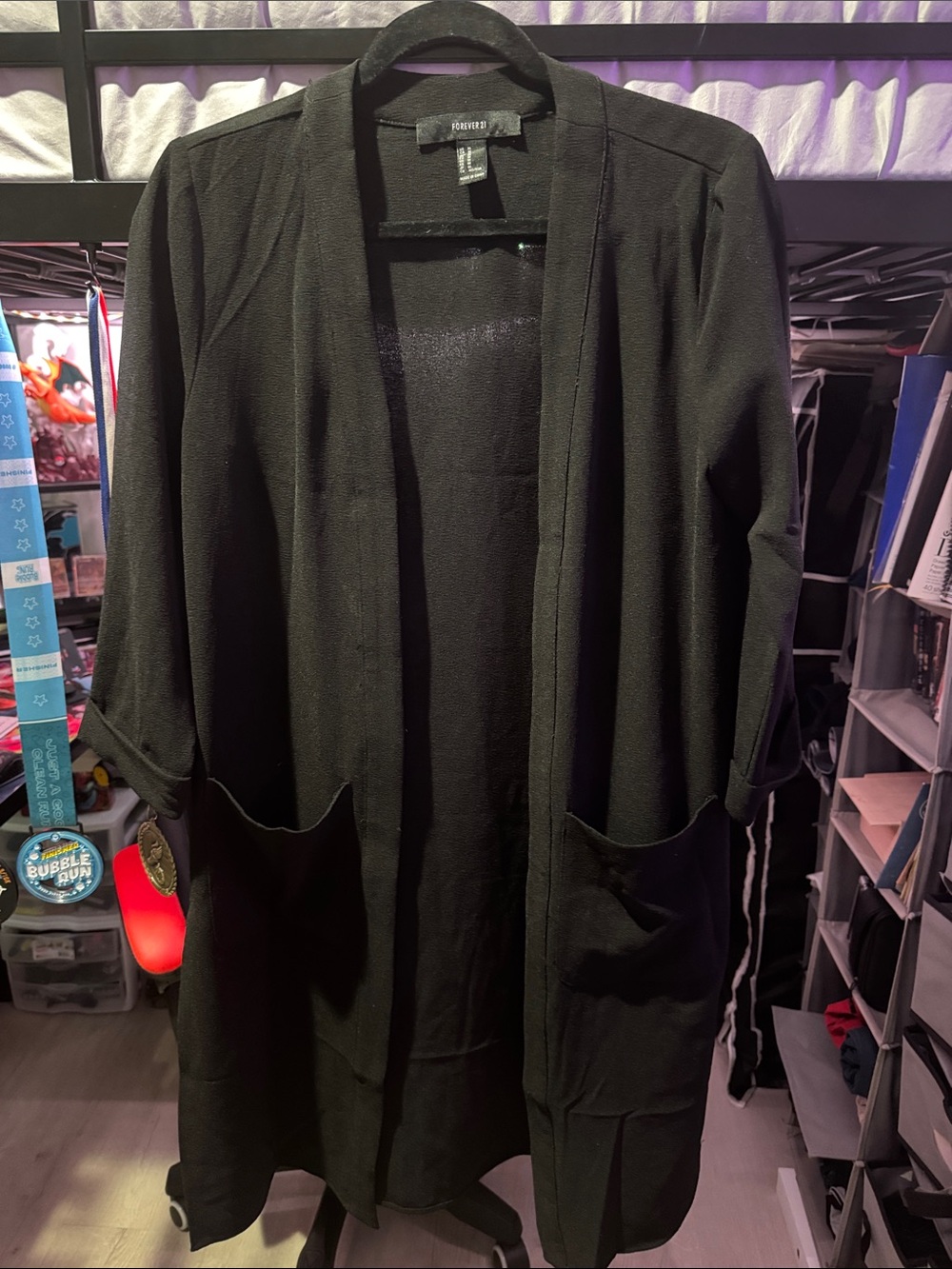 Forever 21 Black Open-Front Long Cardigan Trench